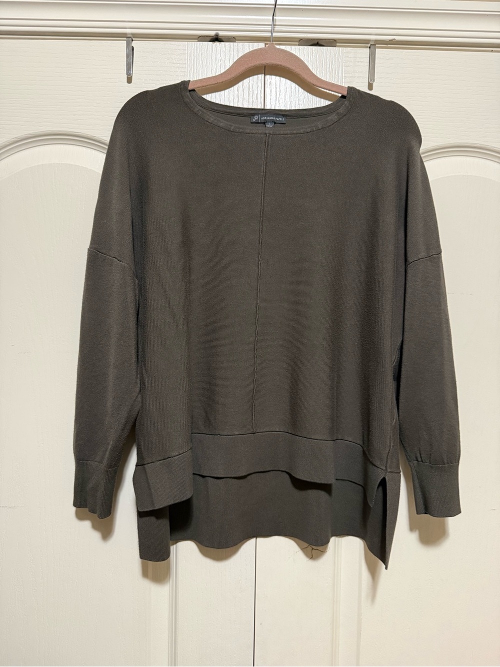 Adrianna Papell Olive Green Crewneck Layered Hem Sweater